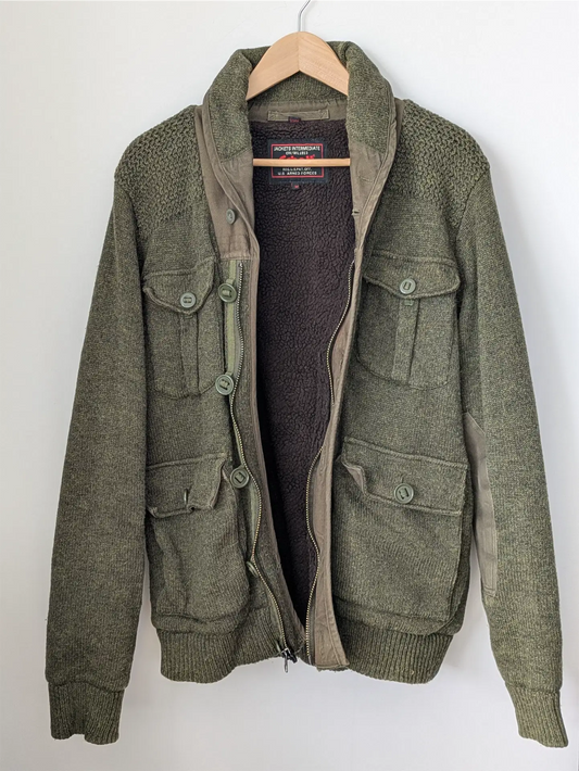 Schott NYC Moss Green Military-Style Sweater Jacket -  Size M