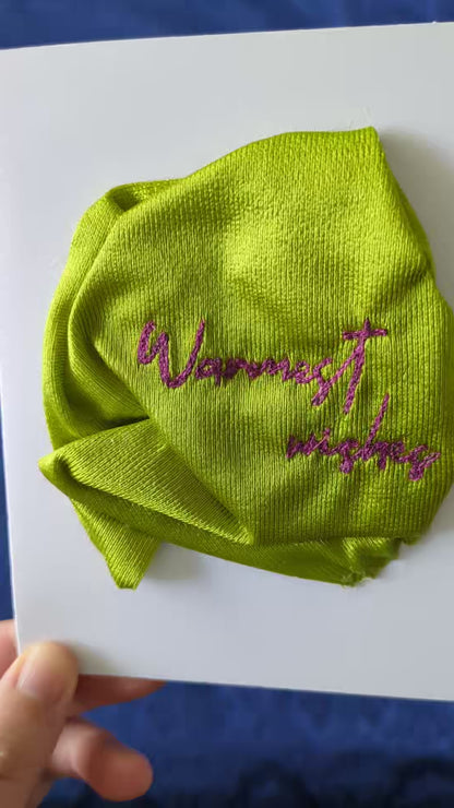 Handmade Embroidered Blank Card - Green, "Warmest Wishes"