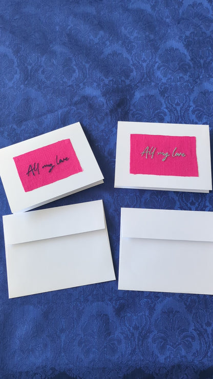 Handmade Embroidered Blank Card - Pink Cotton, "All my love"